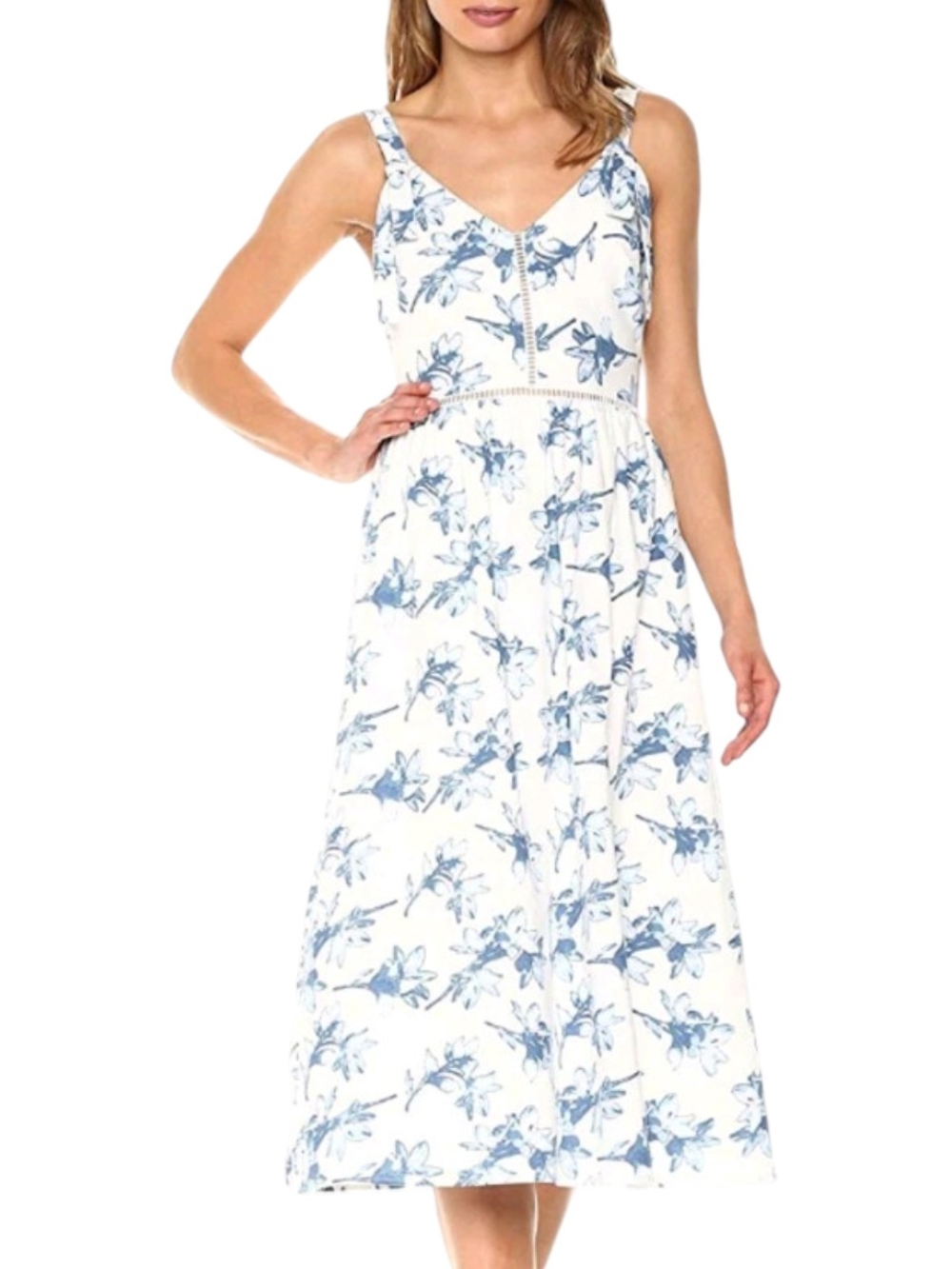 White and Blue Floral V-Neck Midi Dress